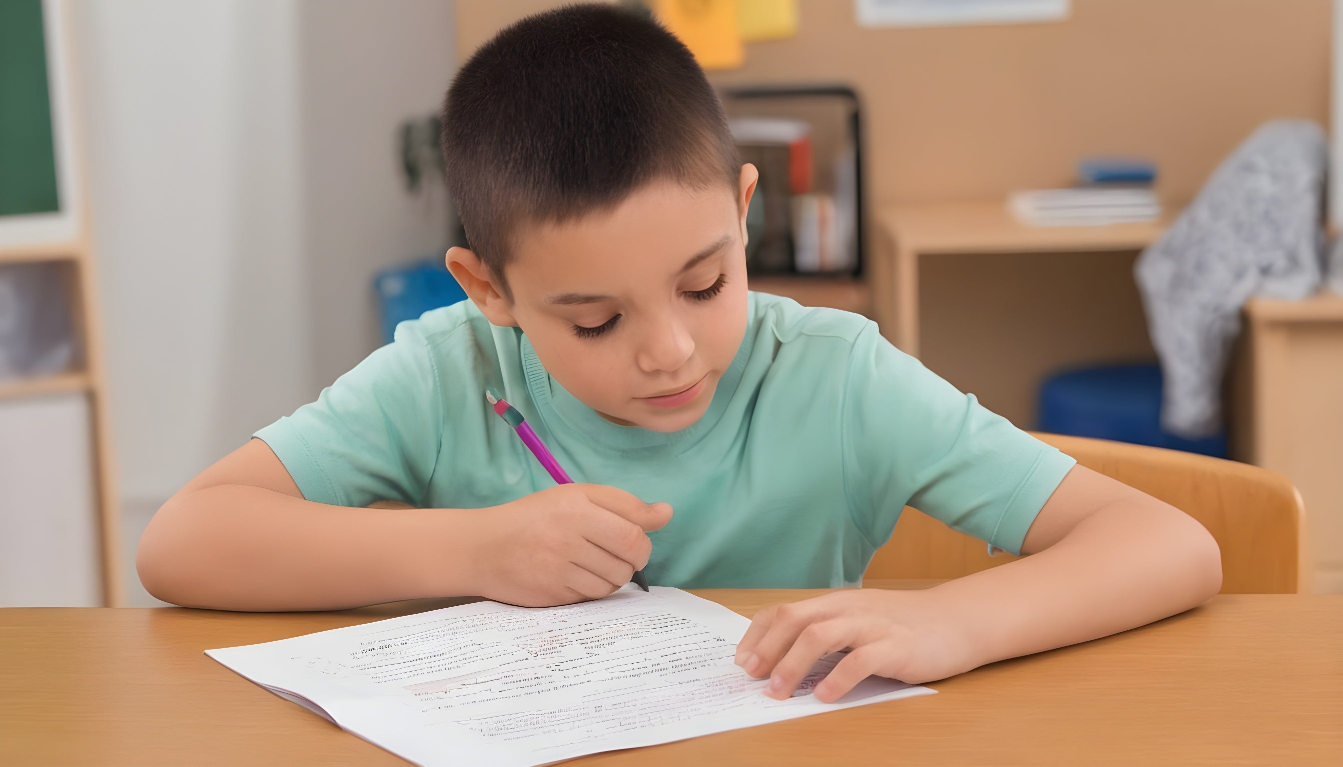 The image shows a boy sitting on study table writing working sheet on suffix