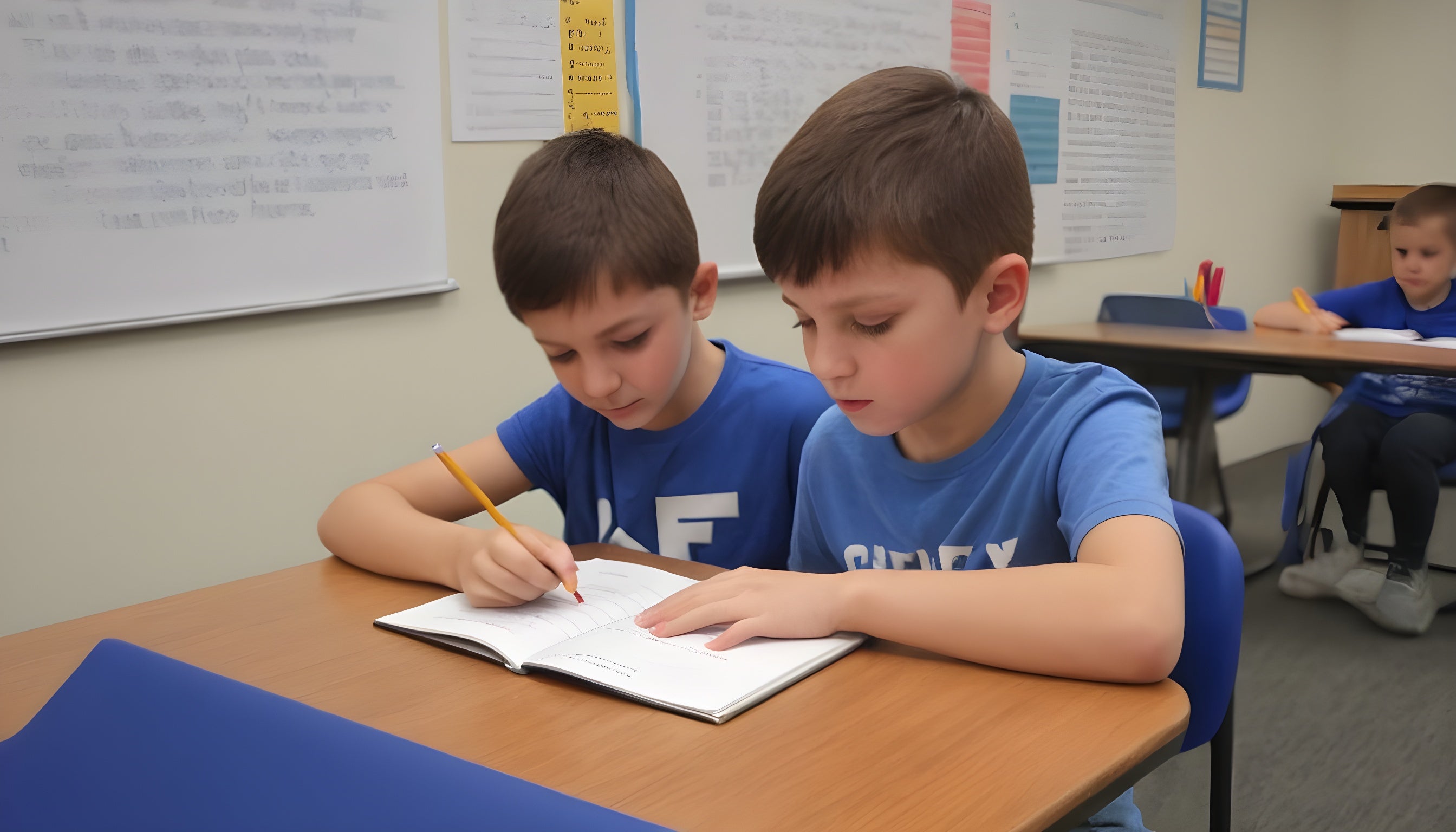 The image shows two boys sitting in class room table and learning prefix in working sheet