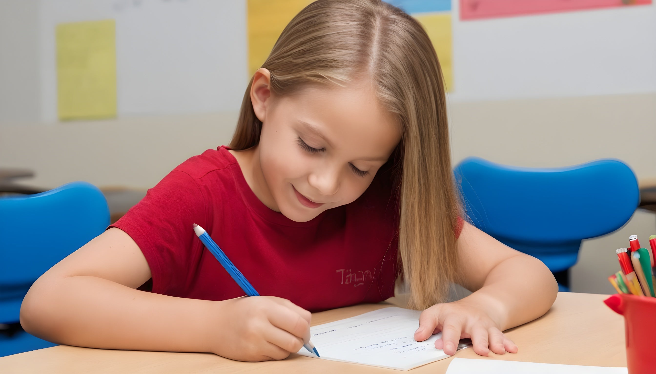The image shows a girls sitting in a study table and learning synonyms in a worksheet