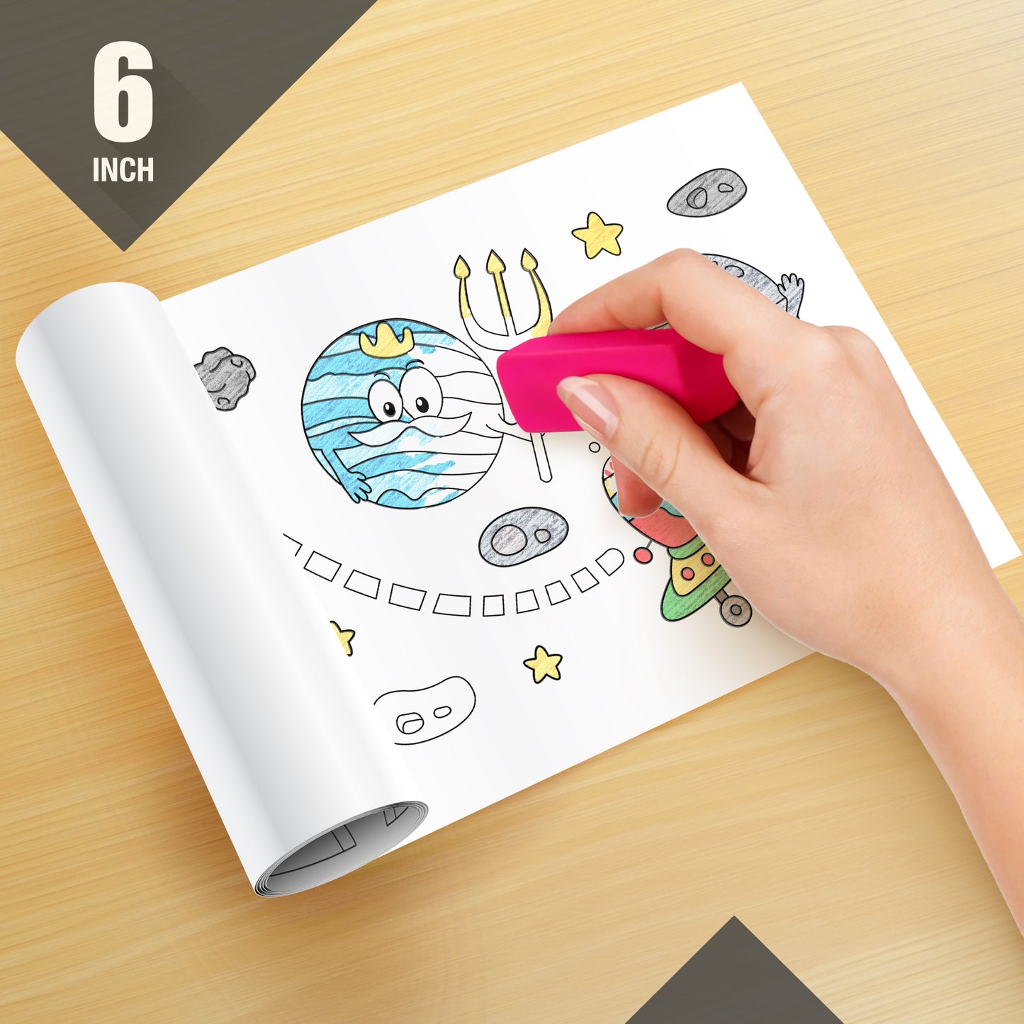 The image depicts a hand using an eraser to erase crayon marks in a coloring book.