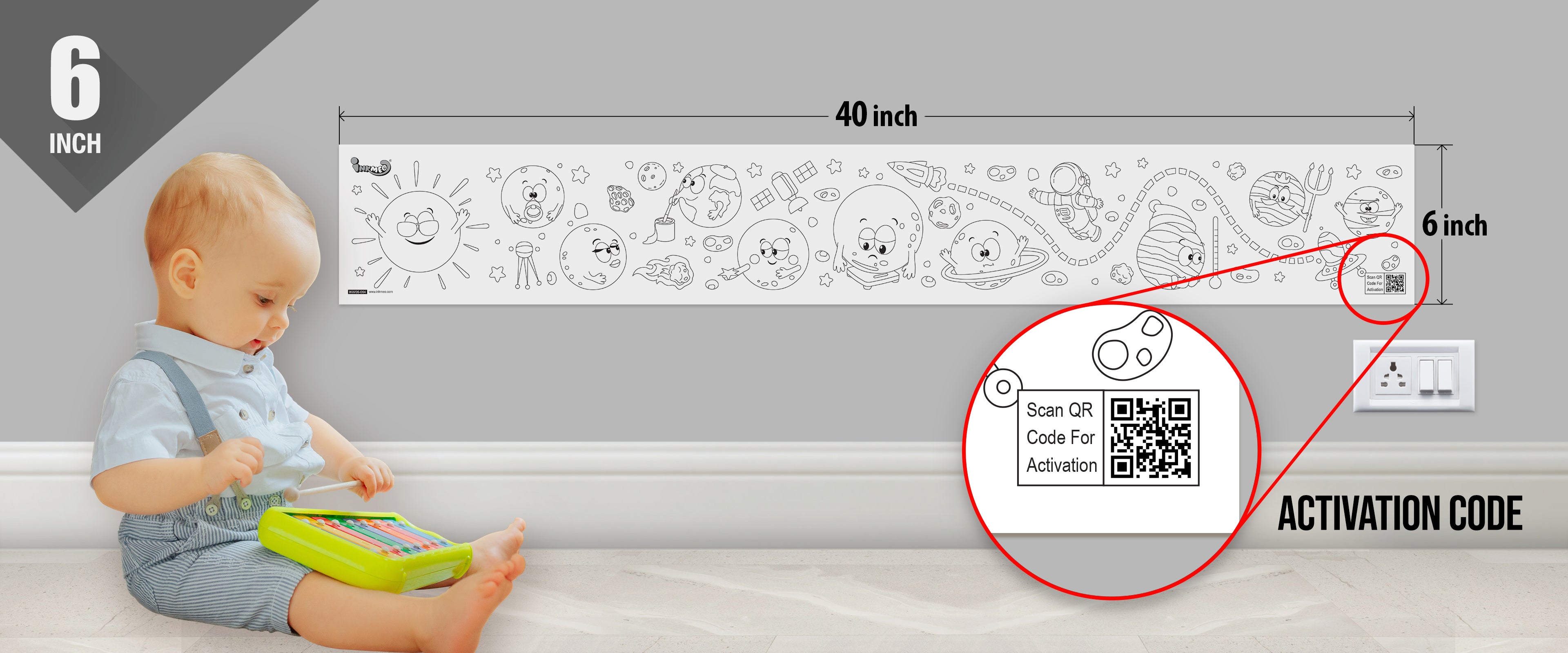 The image depicts a 6*40-inch roll adhered to the wall with a baby playing nearby, and the activation code is zoomed in separately.