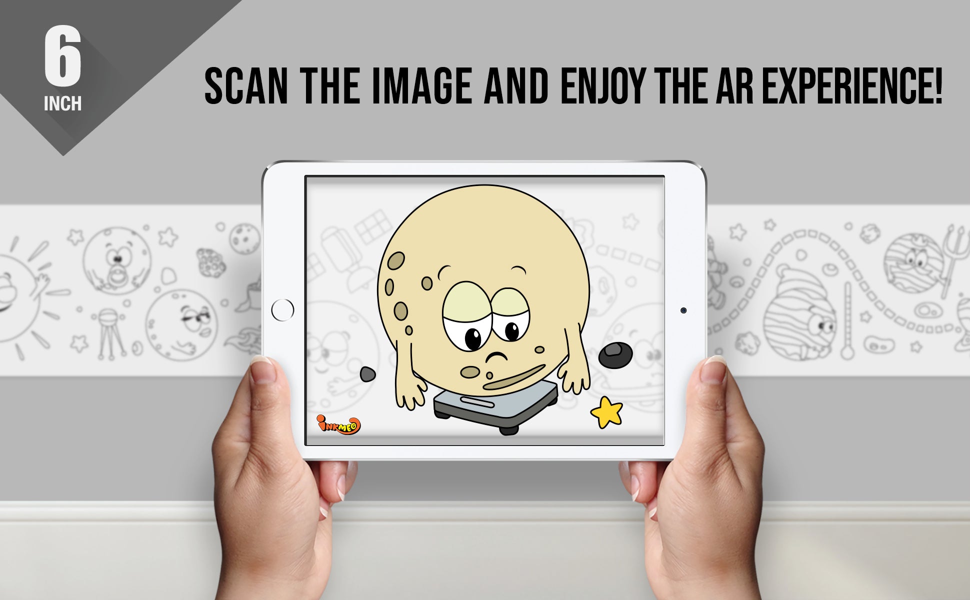 The image depicts two hands holding a tablet displaying a picture from a sheet attached to the wall. The description encourages scanning the image to enjoy the AR experience.