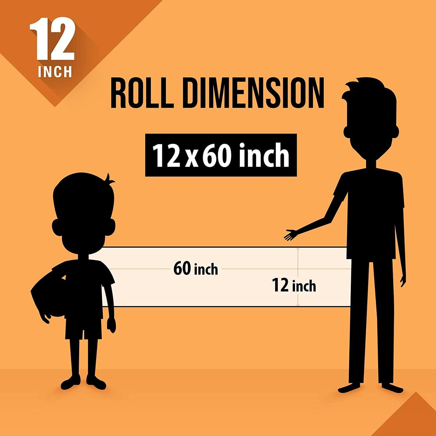 The image shows an orange background with a ruler indicating child and adult height on an 12*54 inch paper roll dimension.