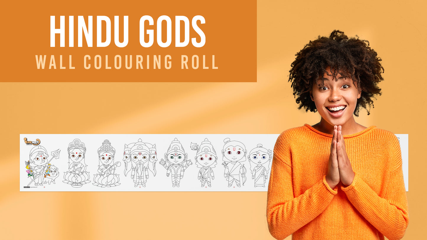 The image depicts a woman praying to God, with pictures of Hindu gods and goddesses hanging on the wall in the background, titled "Hindu Gods Wall Colouring Roll".