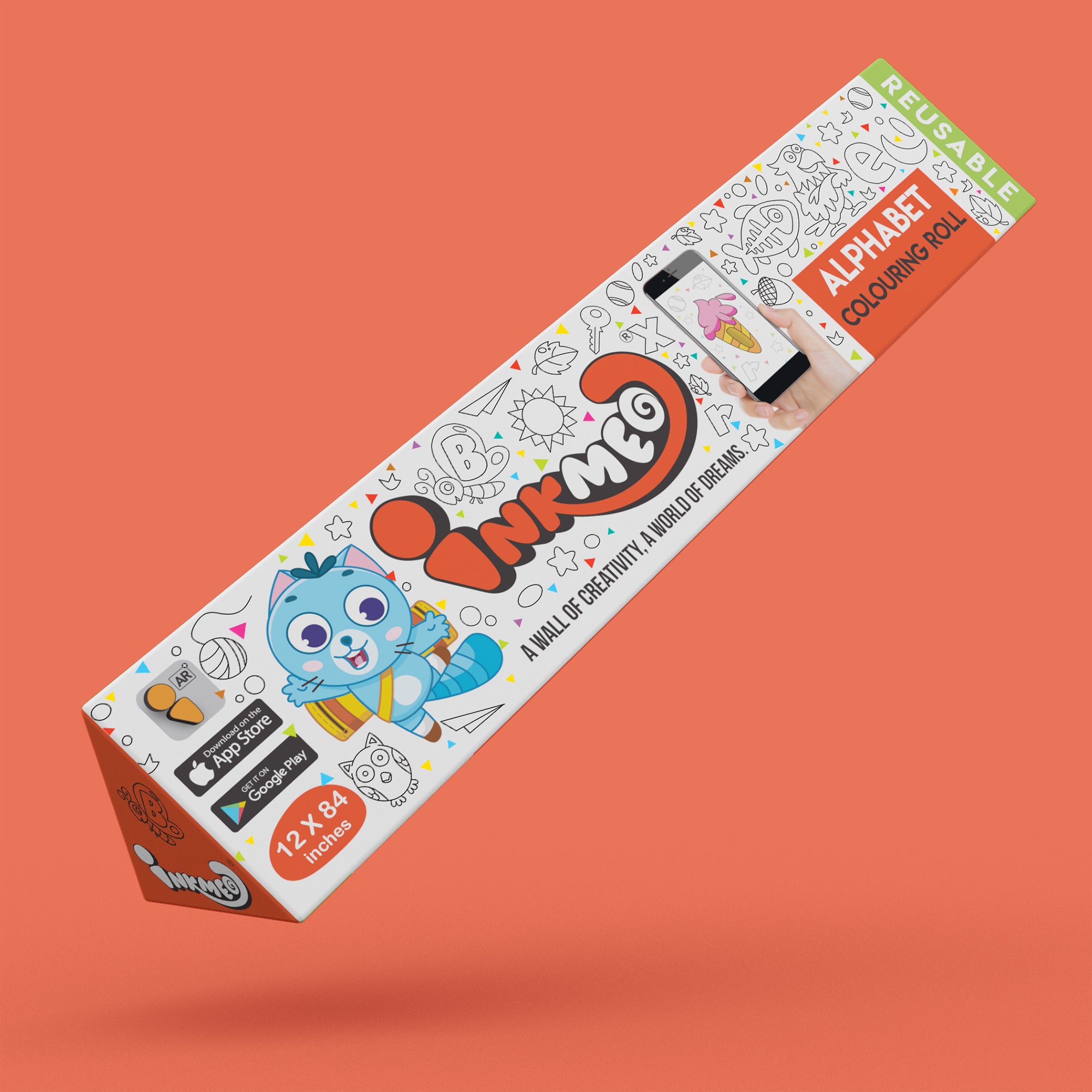 The image shows a red backdrop with a 12*84 inch Inkmeo alphabets triangular box placed in the center.