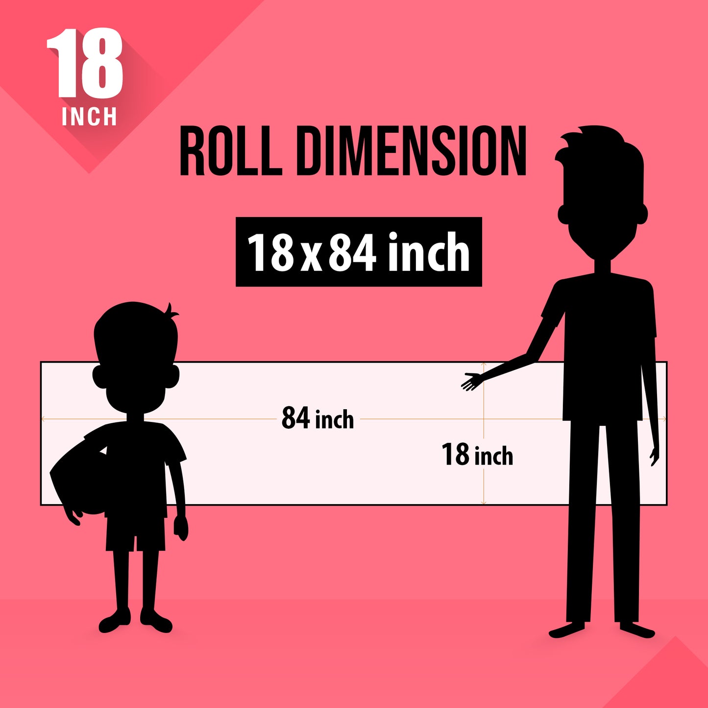 The image shows a pink background with a ruler indicating child and adult height on an 18*84 inch paper roll dimension.