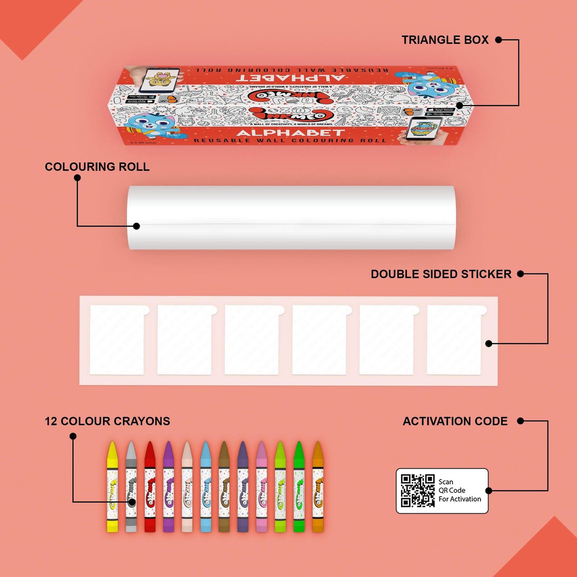 The image depicts a red background with a single triangular box, a coloring roll, 6 double-sided stickers, 12 colored crayons, and an activation code.
