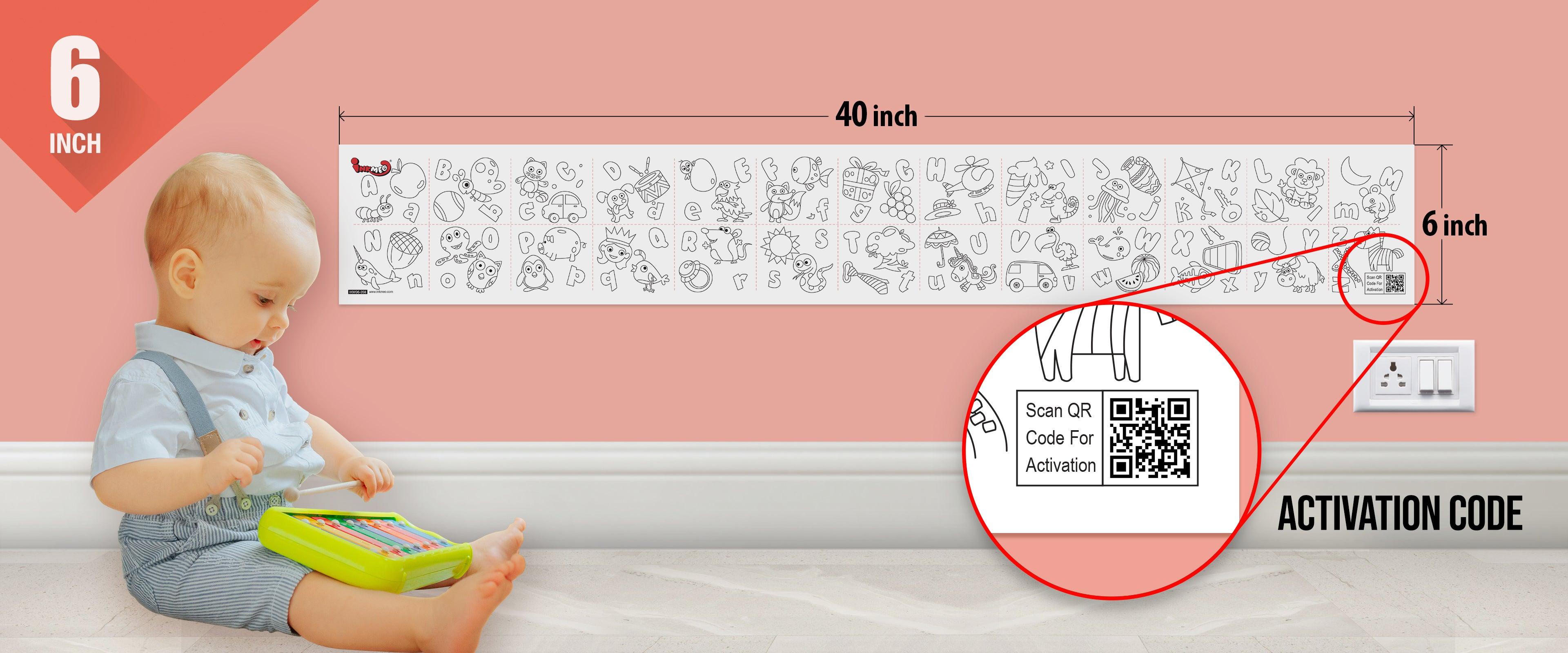The image depicts a 6*40-inch roll adhered to the wall with a baby playing nearby, and the activation code is zoomed in separately.