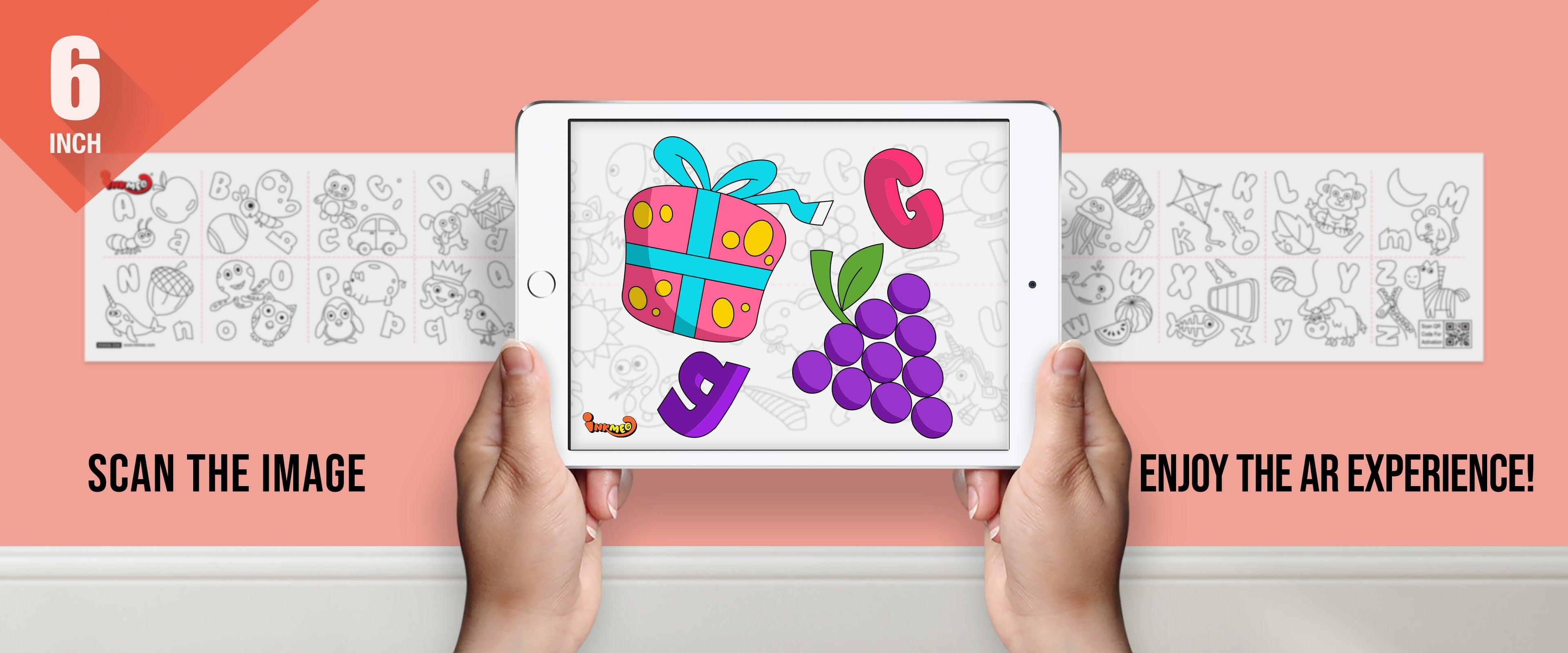 The image depicts two hands holding a tablet displaying a picture from a sheet attached to the wall. The description encourages scanning the image to enjoy the AR experience.