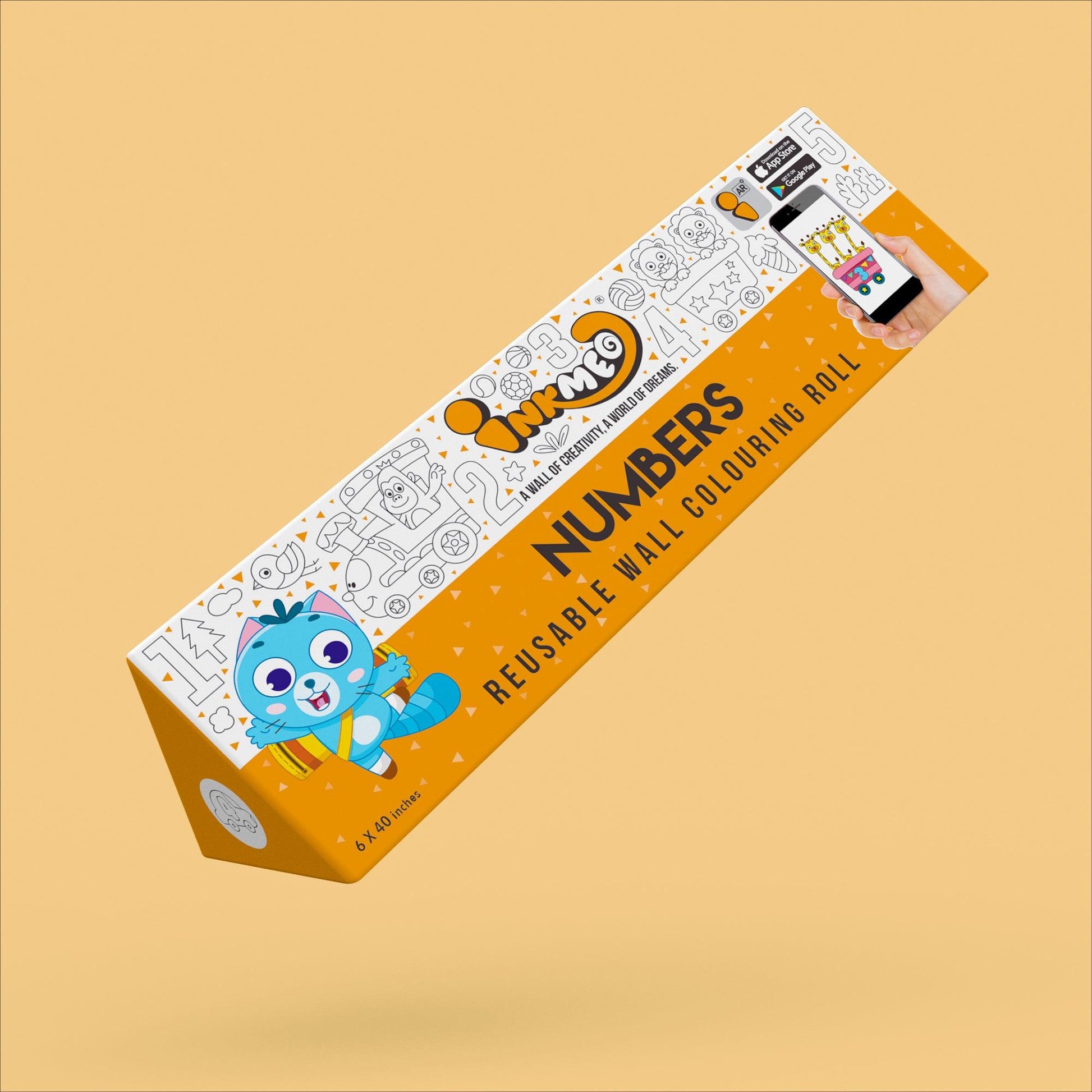 The image shows a orange backdrop with a 6*40 inches Inkmeo numbers themed triangular box placed in the center.