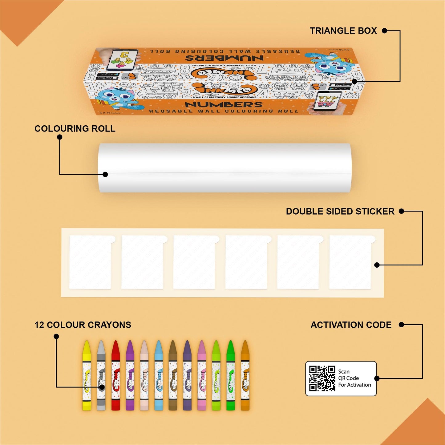The image depicts a orange background with a single triangular box, a coloring roll, 6 double-sided stickers, 12 colored crayons, and an activation code.