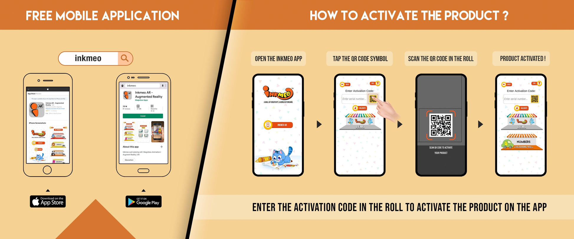 The image features an orange background split into two sections. The first showcases a free mobile app to download Inkmeo from the App Store and Google Store. The second displays four phones with the text "To access the Inkmeo app, tap the QR code icon, scan the QR code on the package, and activate the product."