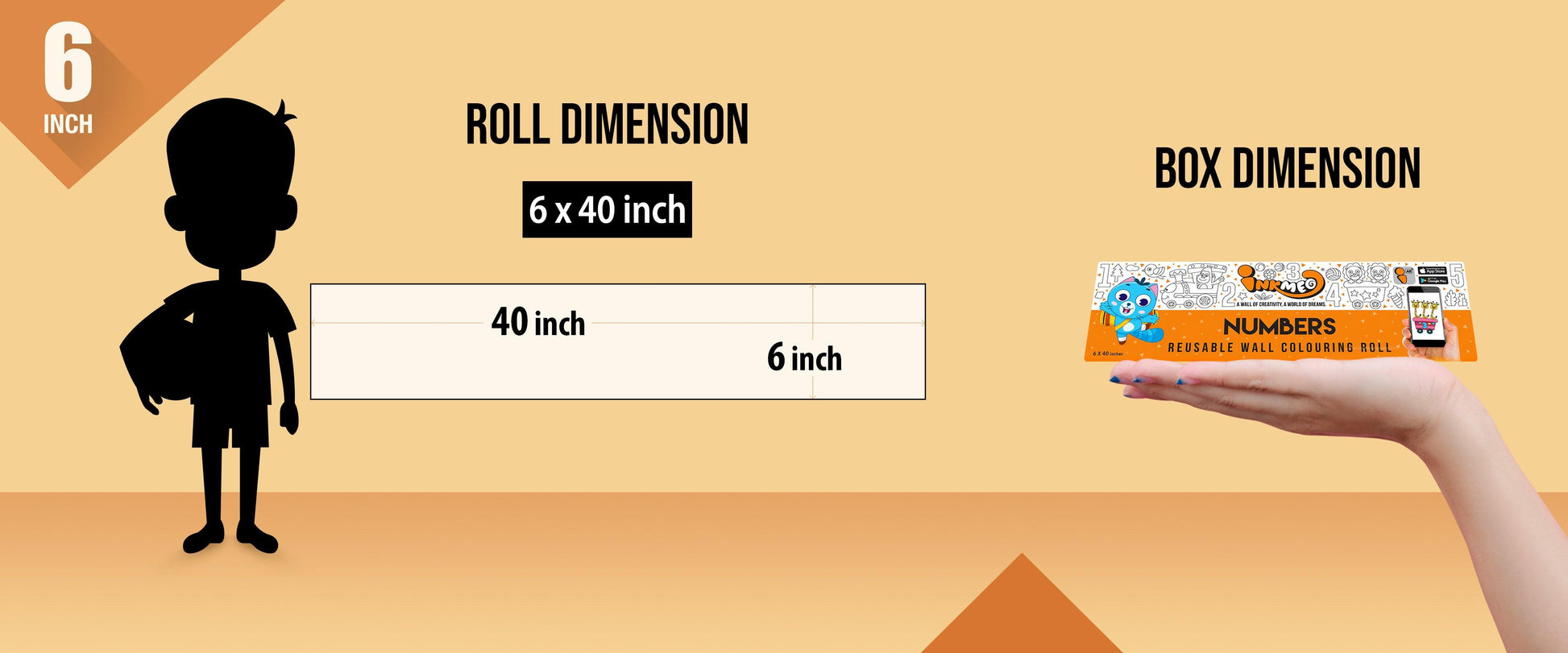 The image depicts an orange background with a ruler showing a child's height next to a 6*40 inches paper roll attached to the wall, alongside a picture of a box dimension.