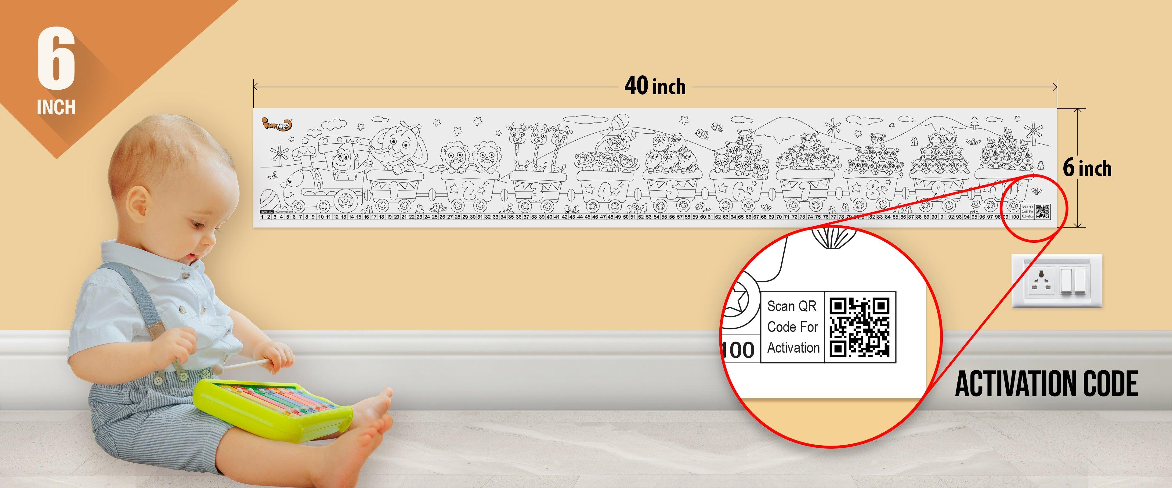 The image depicts a 6*40-inches roll adhered to the wall with a baby playing nearby, and the activation code is zoomed in separately.