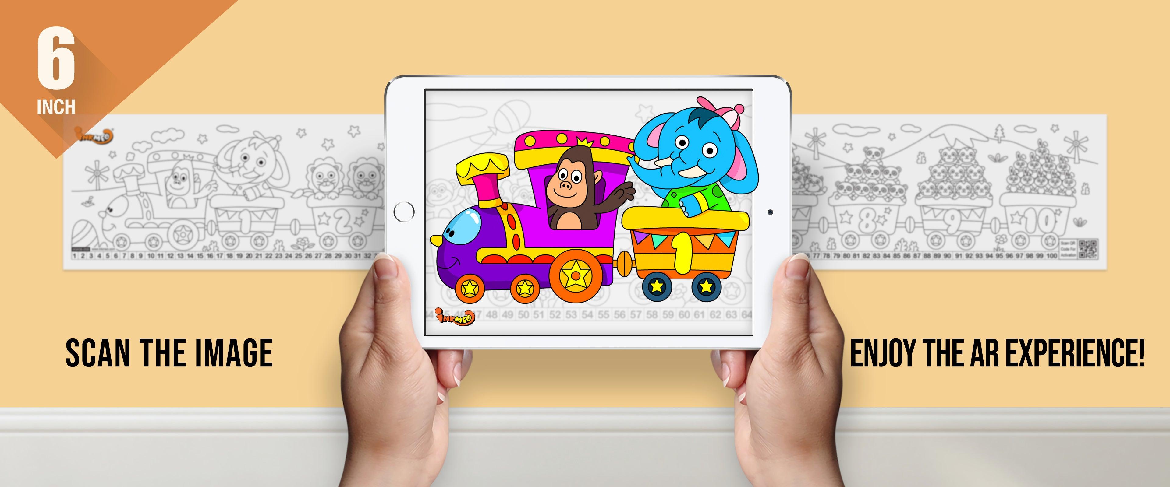 The image depicts two hands holding a tablet displaying a picture from a sheet attached to the wall. The description encourages scanning the image to enjoy the AR experience.