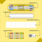 The image depicts a yellow background with a single triangular box, a coloring roll, 6 double-sided stickers, 12 colored crayons, and an activation code.