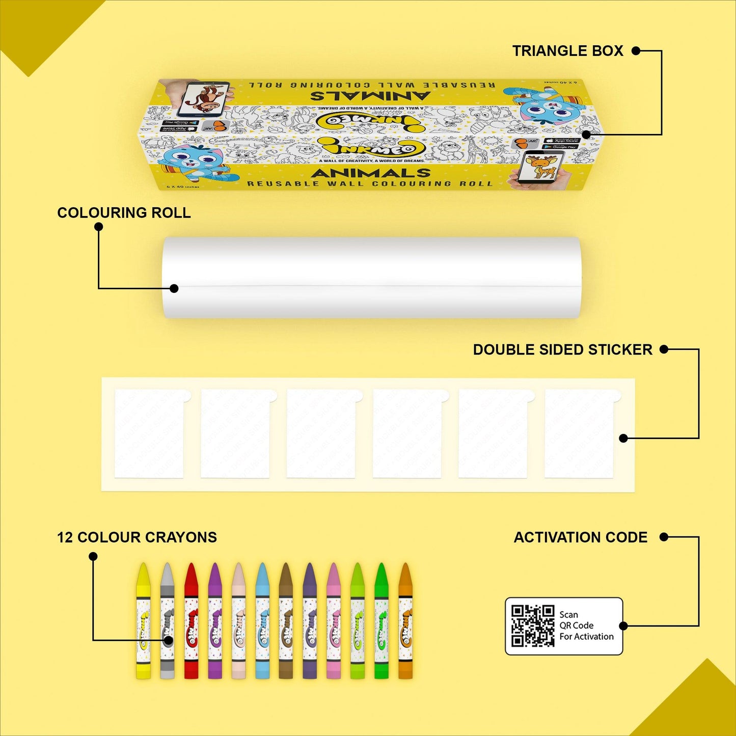 The image depicts a yellow background with a single triangular box, a coloring roll, 6 double-sided stickers, 12 colored crayons, and an activation code.