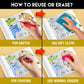 The image has a yellow background with four pictures demonstrating how to reuse or erase: the first picture depicts sketching on the sheet, the second shows using a wet cloth to remove sketches, the third image displays crayons colouring on the sheet, and the fourth image illustrates erasing crayons with a regular eraser