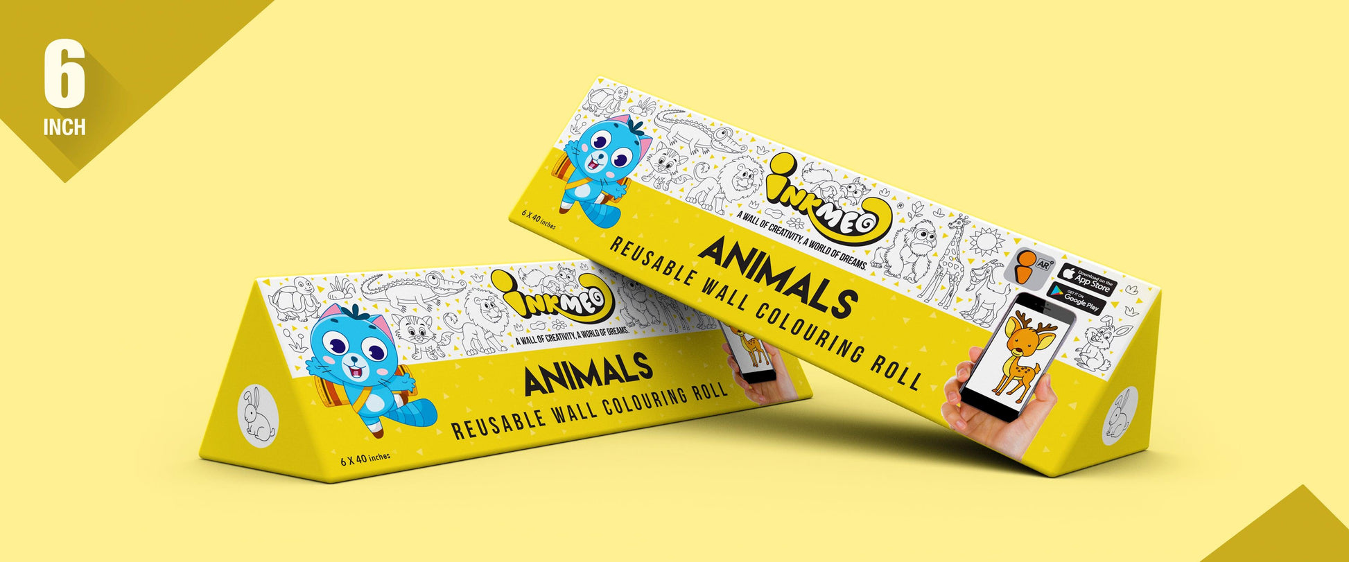 The image depicts two 6x40-inch triangular boxes arranged one above the other against a yellow background