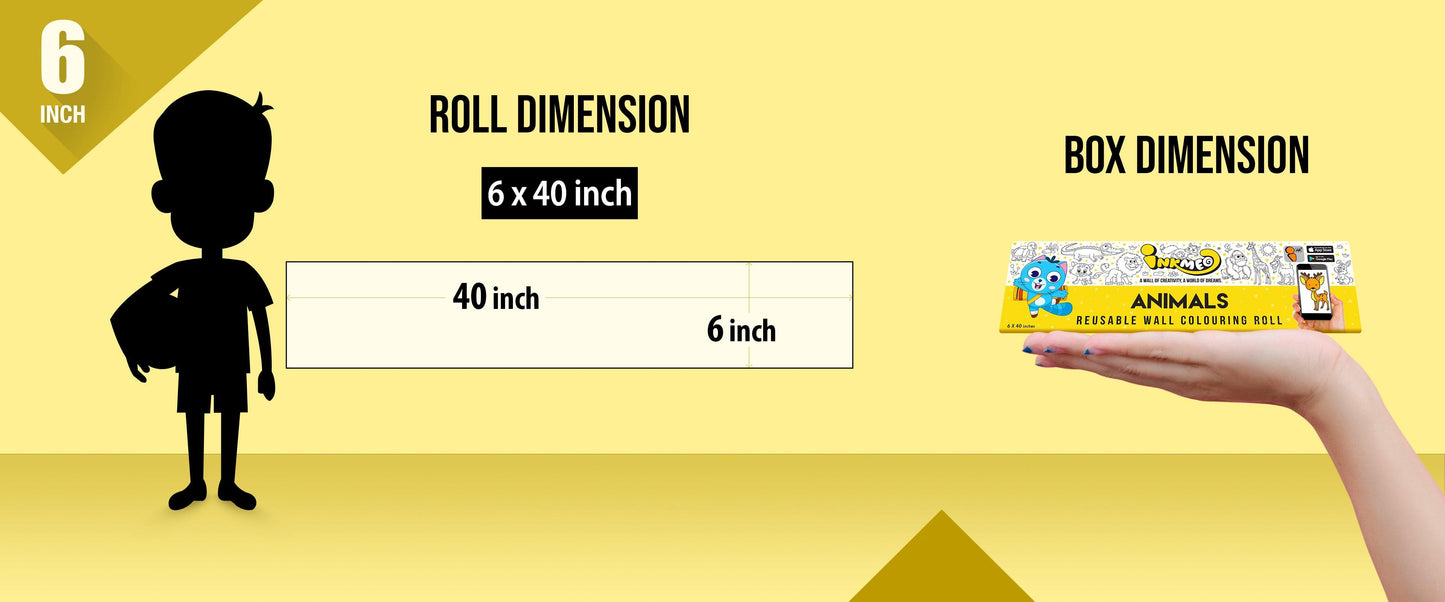 The image depicts a yellow background with a ruler showing a child's height next to a 6*40 inches paper roll attached to the wall, along side a triangular box dimension is shown in hand