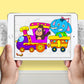 The image depicts two hands holding a tablet displaying a picture from a sheet attached to the wall. The description encourages scanning the image to enjoy the AR experience