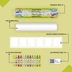 The image depicts a green background with a single triangular box, a coloring roll, 6 double-sided stickers, 12 colored crayons, and an activation code.