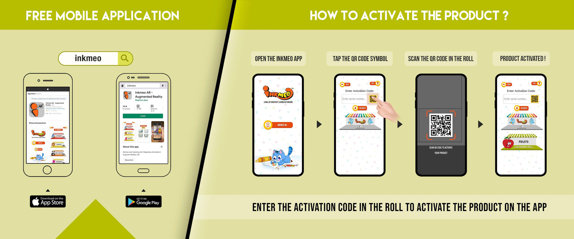 The image features a green background split into two sections. The first showcases a free mobile app to download Inkmeo from the App Store and Google Store. The second displays four phones with the text "To access the Inkmeo app, tap the QR code icon, scan the QR code on the package, and activate the product."