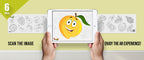 The image depicts two hands holding a tablet displaying a picture from a sheet attached to the wall. The description encourages scanning the image to enjoy the AR experience.
