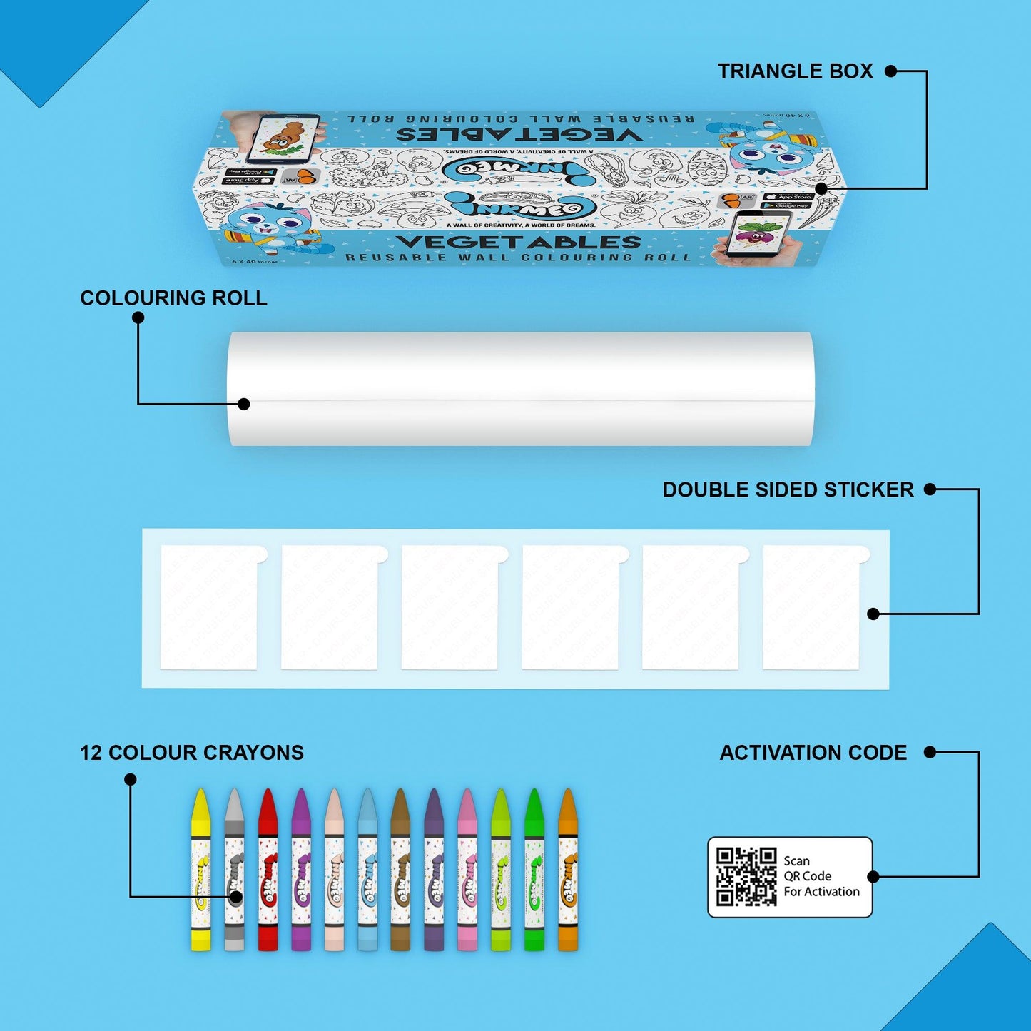 The image depicts a blue background with a single triangular box, a coloring roll, 6 double-sided stickers, 12 colored crayons, and an activation code.