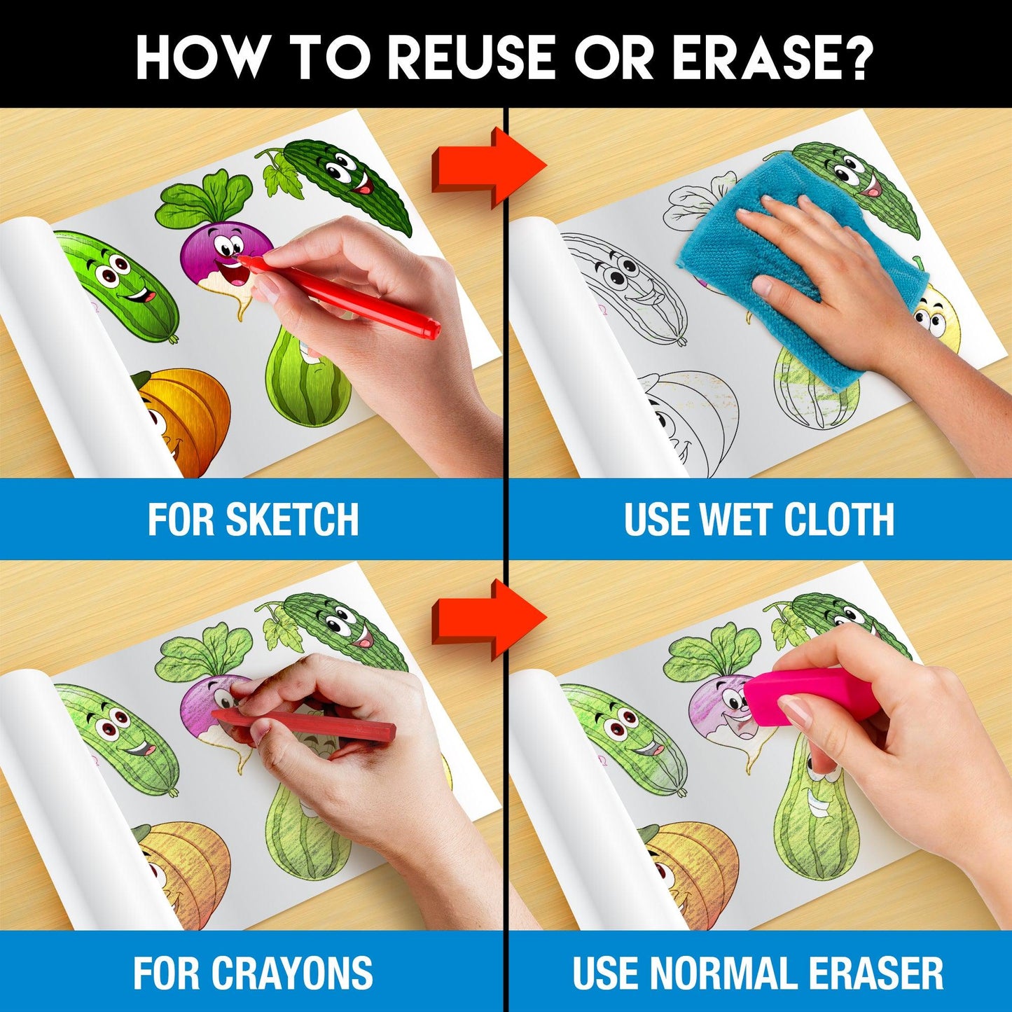 The image has a blue background with four pictures demonstrating how to reuse or erase: the first picture depicts sketching on the puzzle sheet, the second shows using a wet cloth to remove sketches, the third image displays crayons coloring on the puzzle sheet, and the fourth image illustrates erasing crayons with a regular eraser.