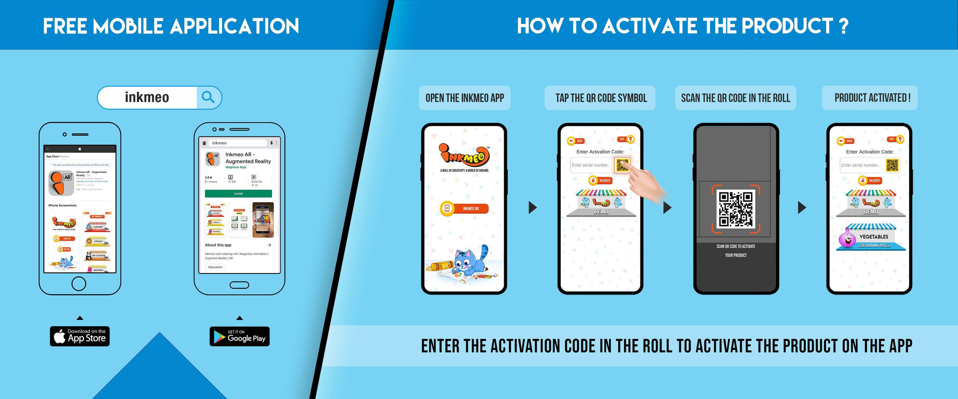 The image features a blue background split into two sections. The first showcases a free mobile app to download Inkmeo from the App Store and Google Store. The second displays four phones with the text "To access the Inkmeo app, tap the QR code icon, scan the QR code on the package, and activate the product."