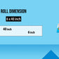 The image depicts a blue background with a ruler showing a child's height next to a 6*40 inches paper roll attached to the wall, alongside a picture of a box dimension.