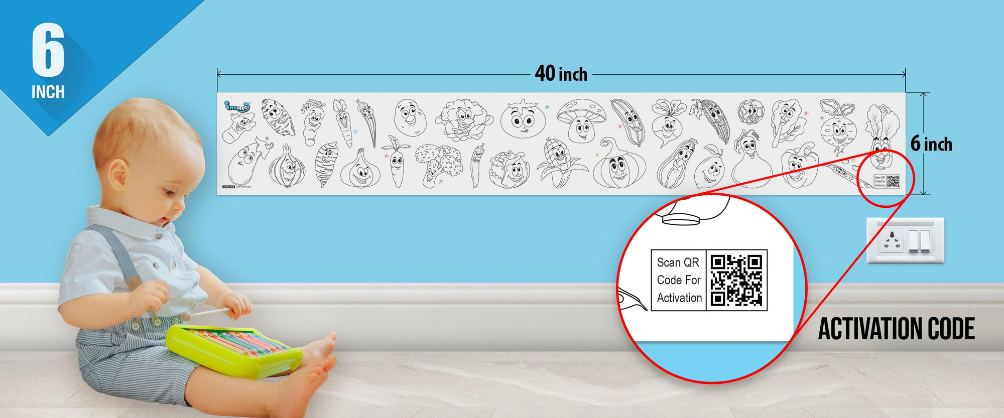 The image depicts a 6*40-inch roll adhered to the wall with a baby playing nearby, and the activation code is zoomed in separately.