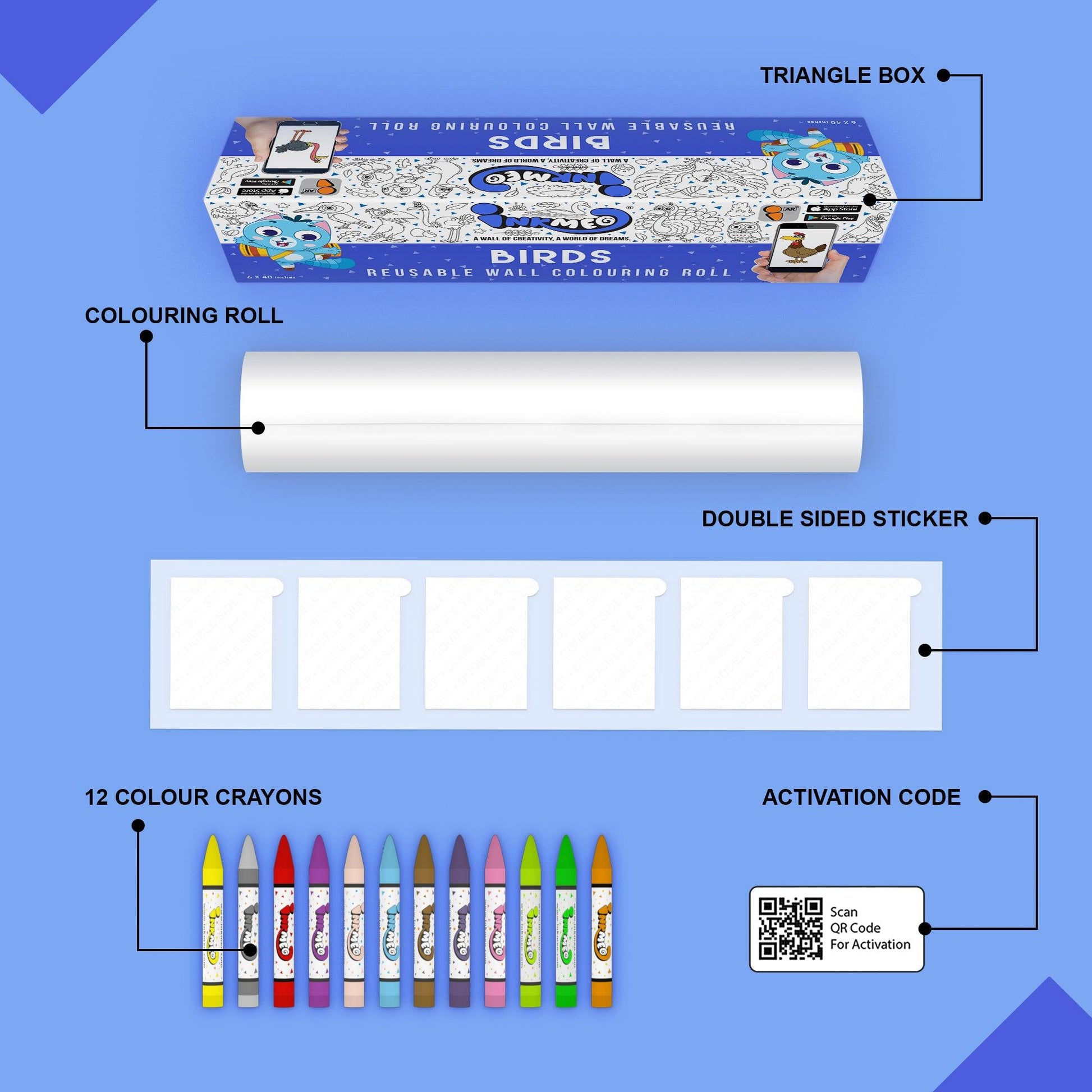 The image depicts a blue background with a single triangular box, a coloring roll, 6 double-sided stickers, 12 colored crayons, and an activation code.