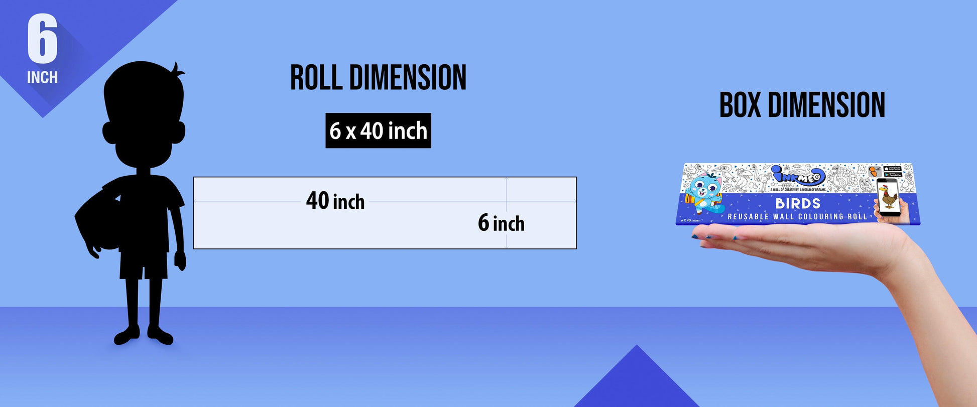 The image depicts a blue background with a ruler showing a child's height next to a 6*40 inches paper roll attached to the wall, alongside a picture of a box dimension.