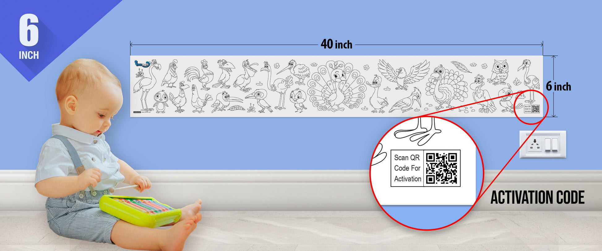 The image depicts a 6*40-inch roll adhered to the wall with a baby playing nearby, and the activation code is zoomed in separately
