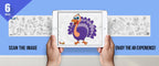 The image depicts two hands holding a tablet displaying a picture from a sheet attached to the wall. The description encourages scanning the image to enjoy the AR experience.