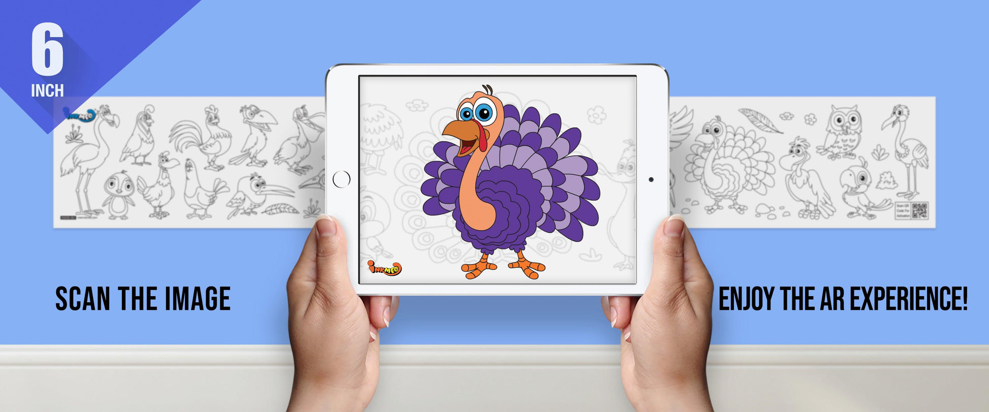 The image depicts two hands holding a tablet displaying a picture from a sheet attached to the wall. The description encourages scanning the image to enjoy the AR experience.