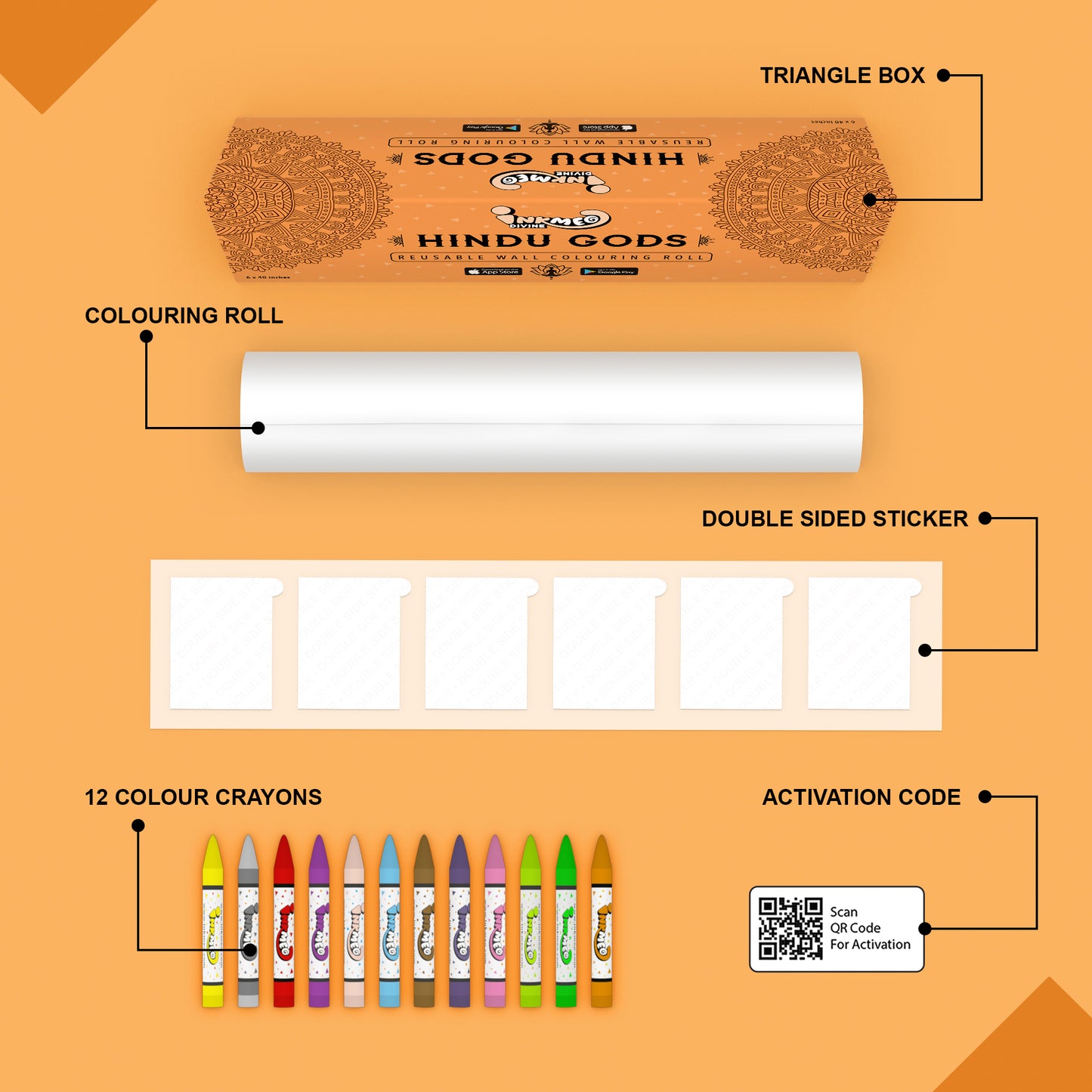 The image depicts an orange background with a single triangular box, a coloring roll, 6 double-sided stickers, 12 colored crayons, and an activation code.