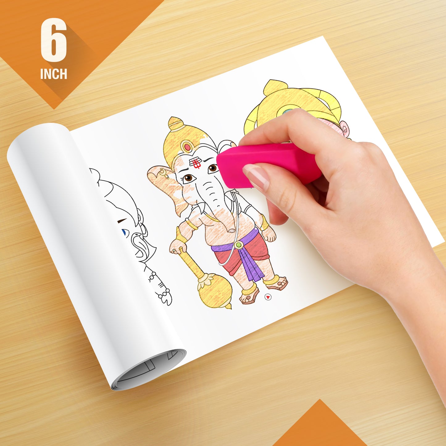 The image depicts a hand using an eraser to erase crayon marks in a colouring sheet