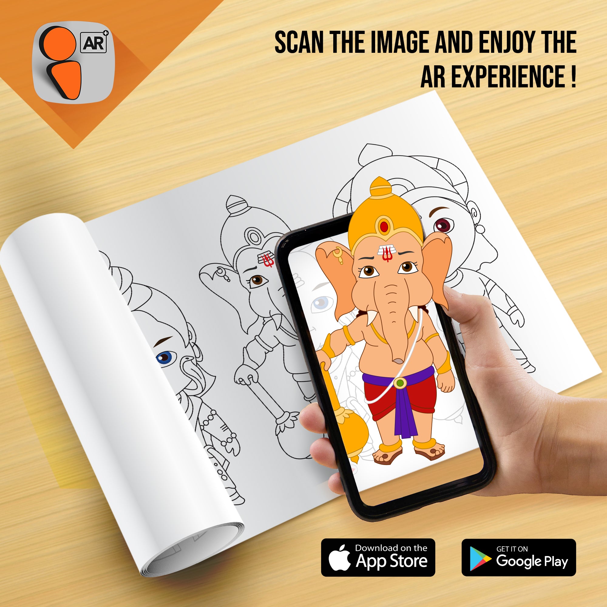 The image depicts hands holding a mobil phone displaying a picture from a sheet attached to the wall. The description encourages scanning the image to enjoy the AR experience.