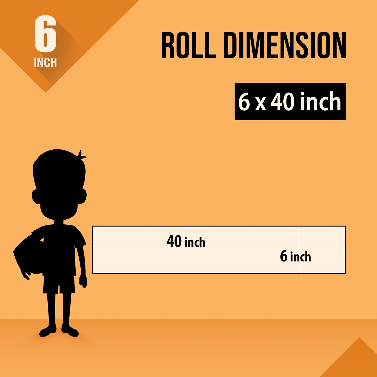 The image depicts an green background with a ruler showing a child's height next to a 6*40 inches paper roll attached to the wall.