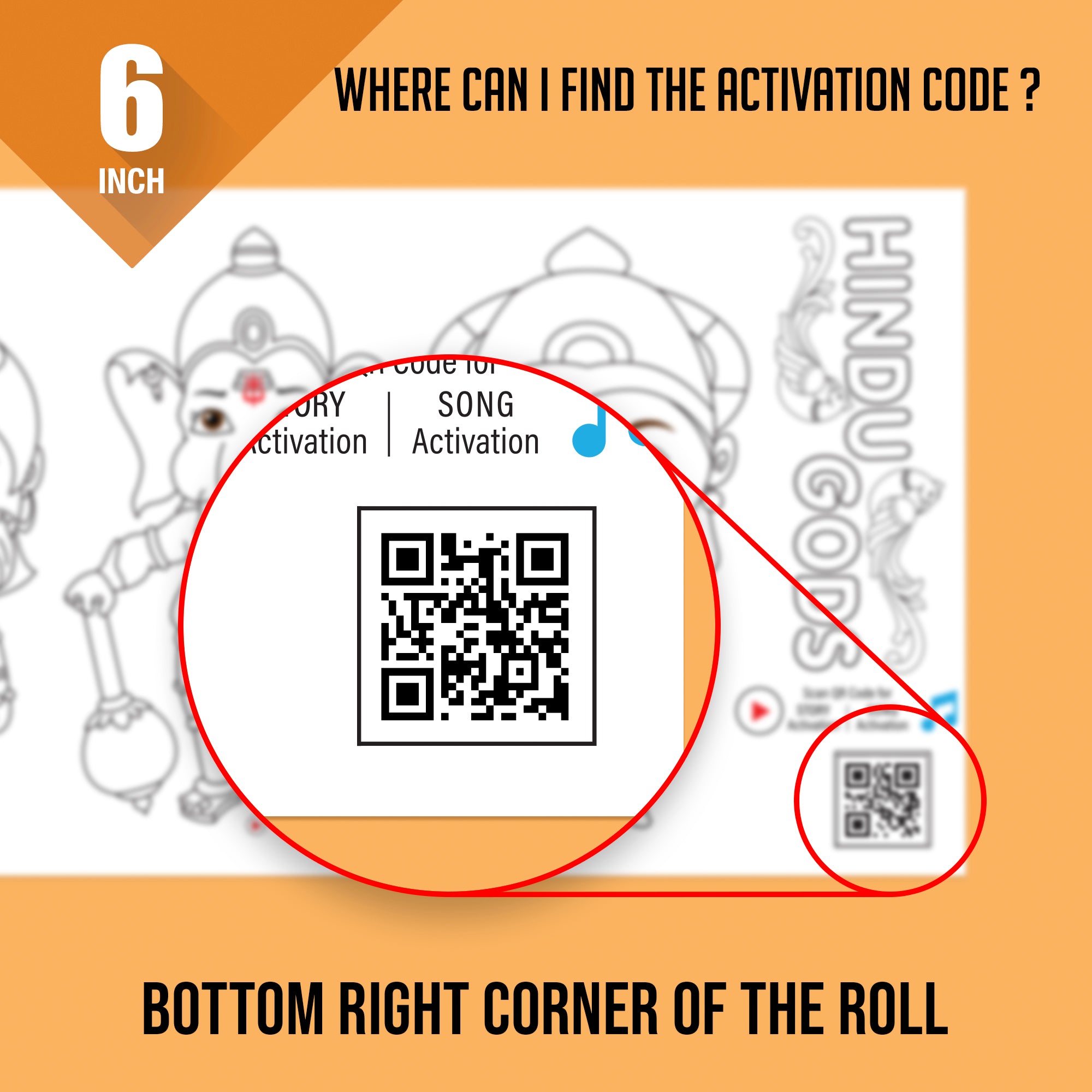 The image depicts an oragne background with an open sheet placed on it, with an activation code zoomed in from the book.