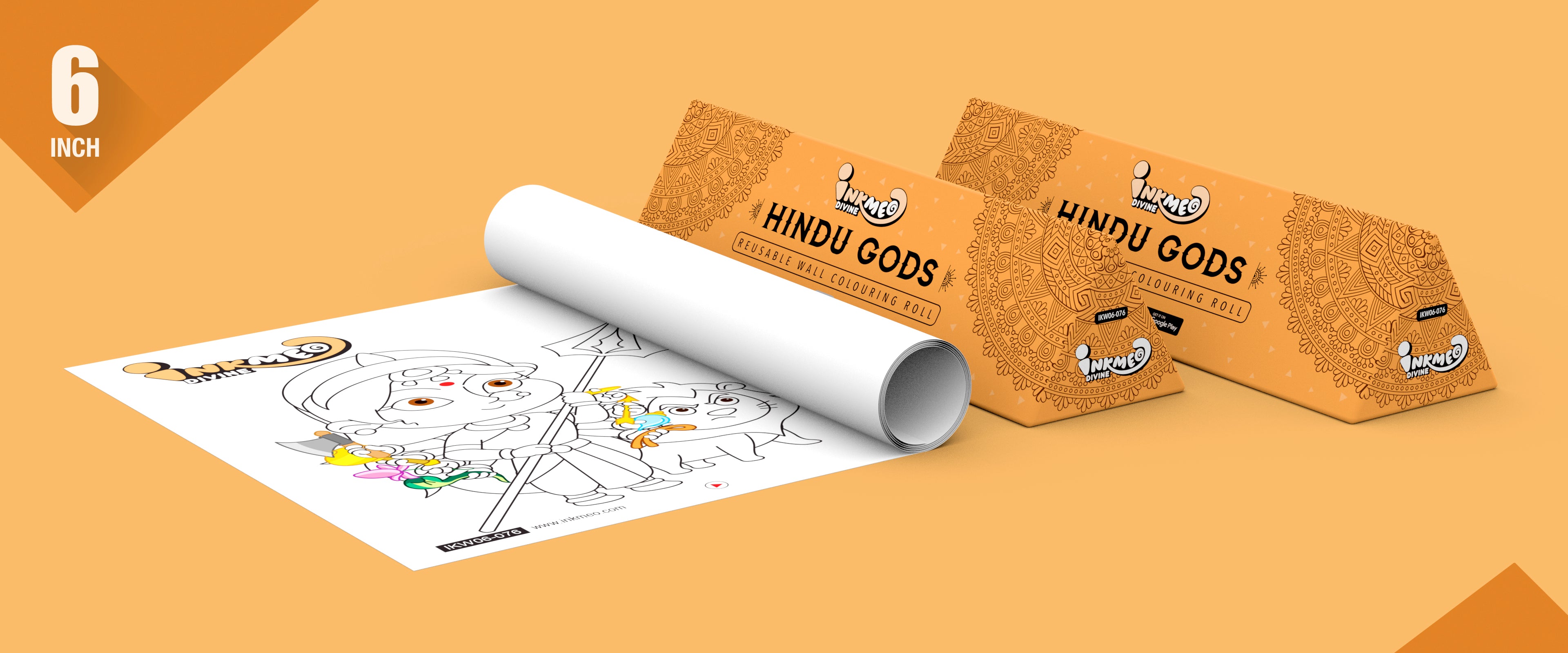The image depicts two 6*40-inches orange triangular hindu gods boxes placed alongside each other, with a sheet rolled out next to them.