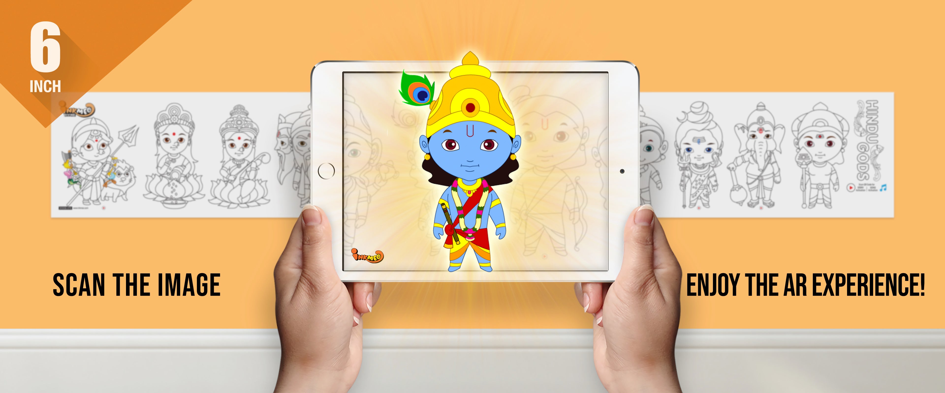 The image depicts two hands holding a tablet displaying a picture from a sheet attached to the wall. The description encourages scanning the image to enjoy the AR experience.