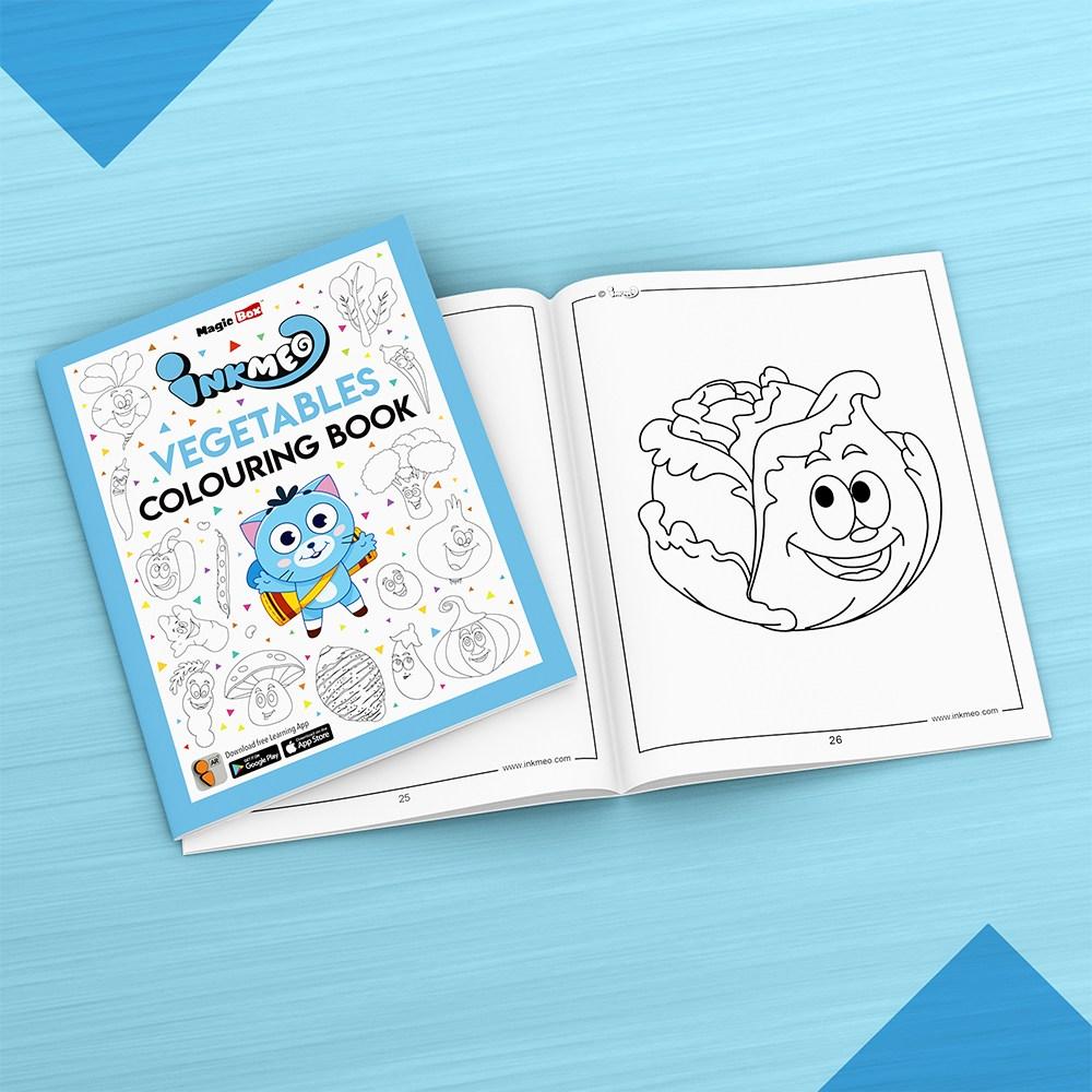 The image displays a blue background with an open book filled with pictures of vegetables.