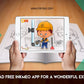 The image depicts two hands holding a tablet displaying a picture from a sheet attached to the wall. The description encourages scanning the image to enjoy the AR experience.