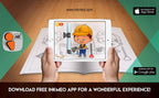 The image depicts two hands holding a tablet displaying a picture from a sheet attached to the wall. The description encourages scanning the image to enjoy the AR experience.