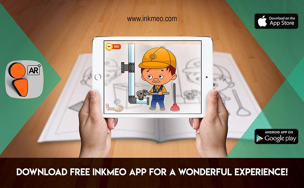 The image depicts two hands holding a tablet displaying a picture from a sheet attached to the wall. The description encourages scanning the image to enjoy the AR experience.