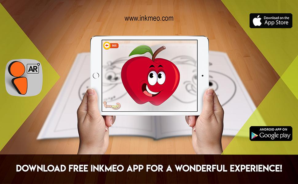 The image depicts two hands holding a tablet displaying a picture from a sheet attached to the wall. The description encourages scanning the image to enjoy the AR experience.